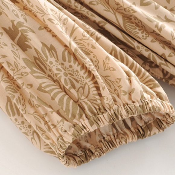 Boho 60’s Floral Gypsy Print Ruffle Dress Tan Nude - Picture 13 of 16